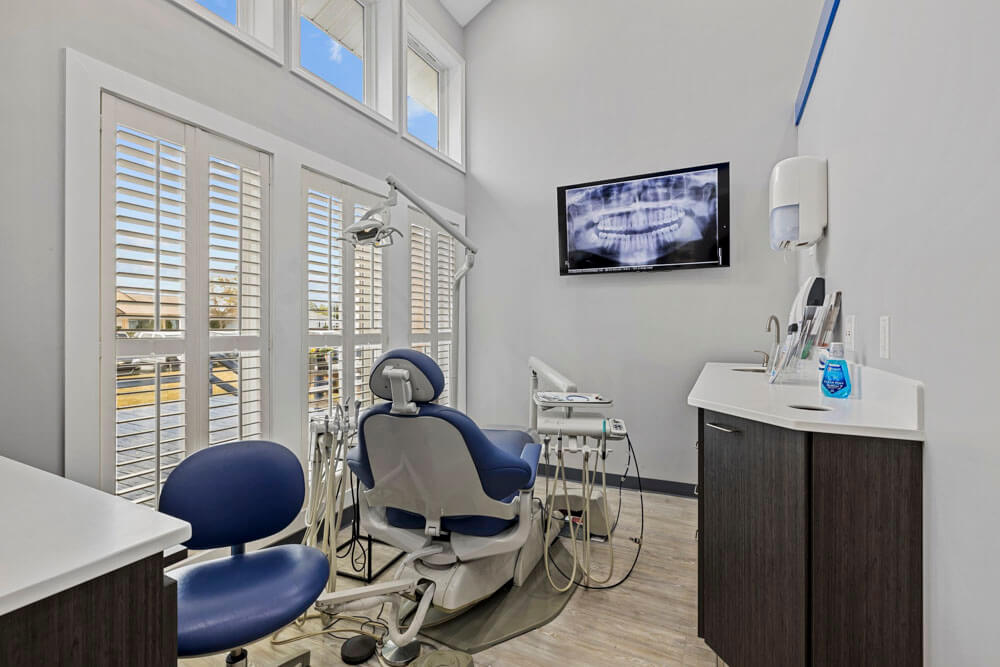 Sound Dental in Morehead City, NC dental office with dental chair and xray on screen